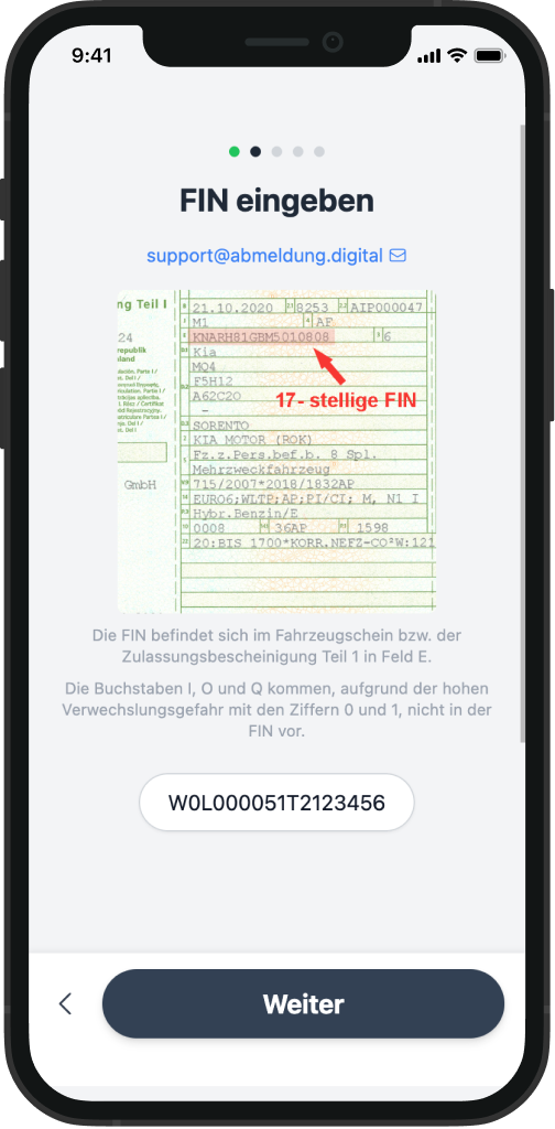 Screenshot von der Eingabe der Kontaktdaten und des Kennzeichens